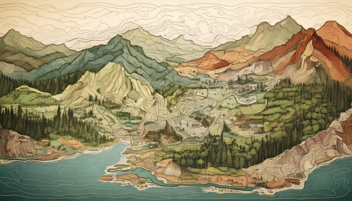 Handgezeichnete Darstellung einer Landkarte einer unbekannten Küstengegend mit Bergen im Hintergrund