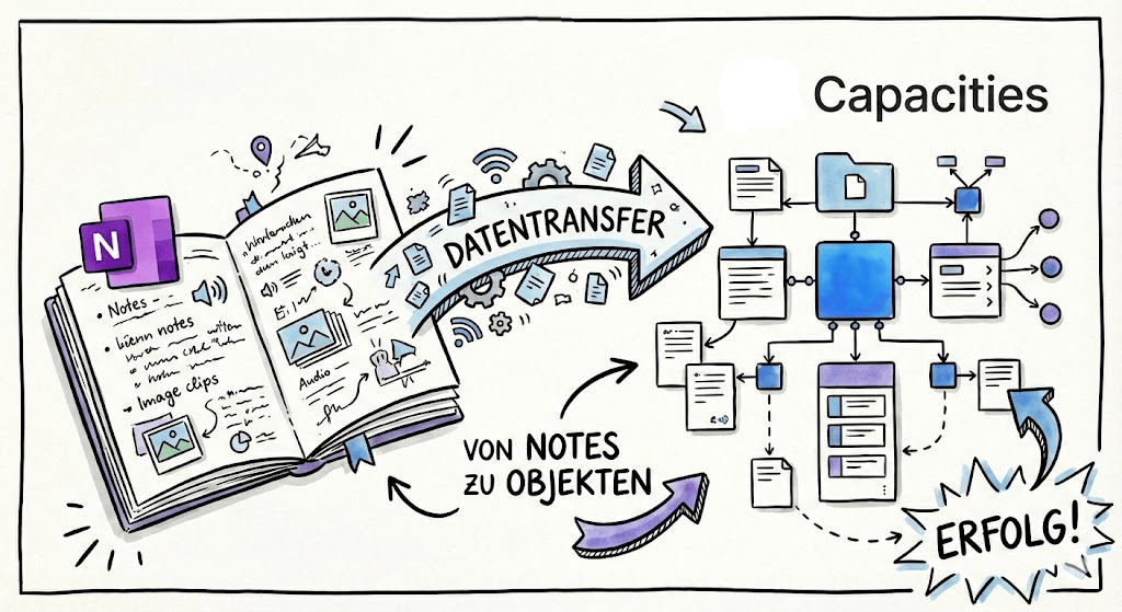 Sketch Note eines Datentransfers von Notizen zu Objekten