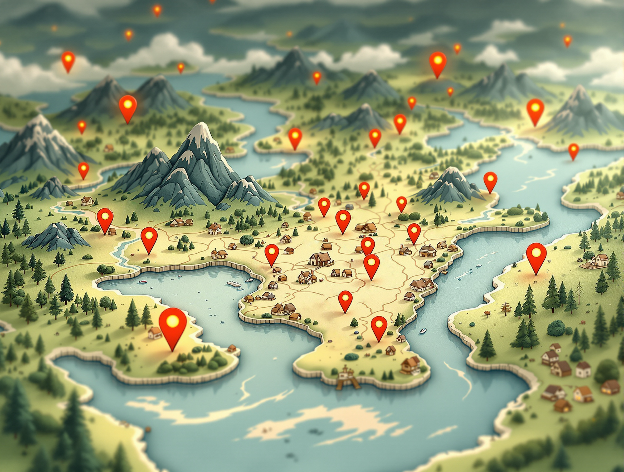 KI Bild mit der comichaften Darstellung einer Landkarte mit roten Pfeilen zur Markierung von Orten.
